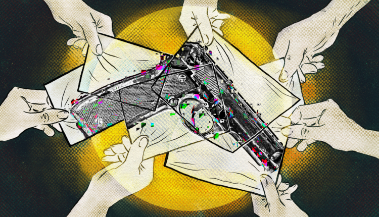 A digital illustration of a circle of hands extending from the edge of the image, each holding a sheet of paper. The papers overlap in the center and, like a puzzle, come together to reveal a drawing of a handgun. The gun is partially pixelated, representing the data and information each person is adding to the pile. In the background, a yellow spotlight made of Ben-Day dots eclipses the research over a textured black background.