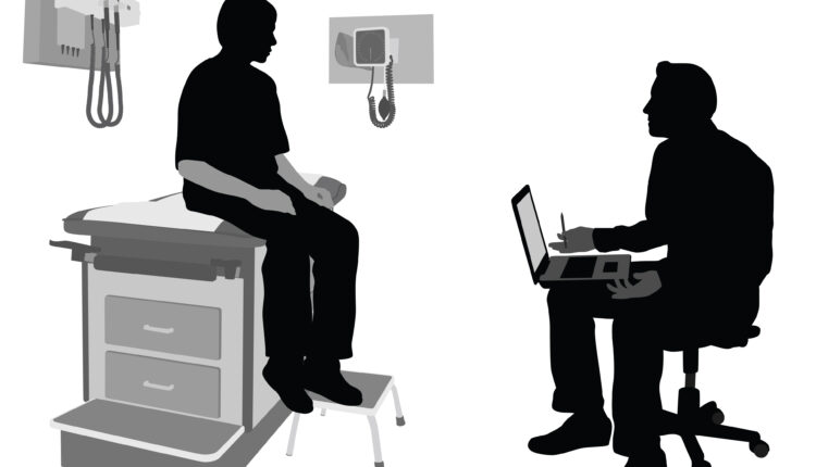 A black and white vector illustration of a pediatrician talking to a teenager in an exam room.